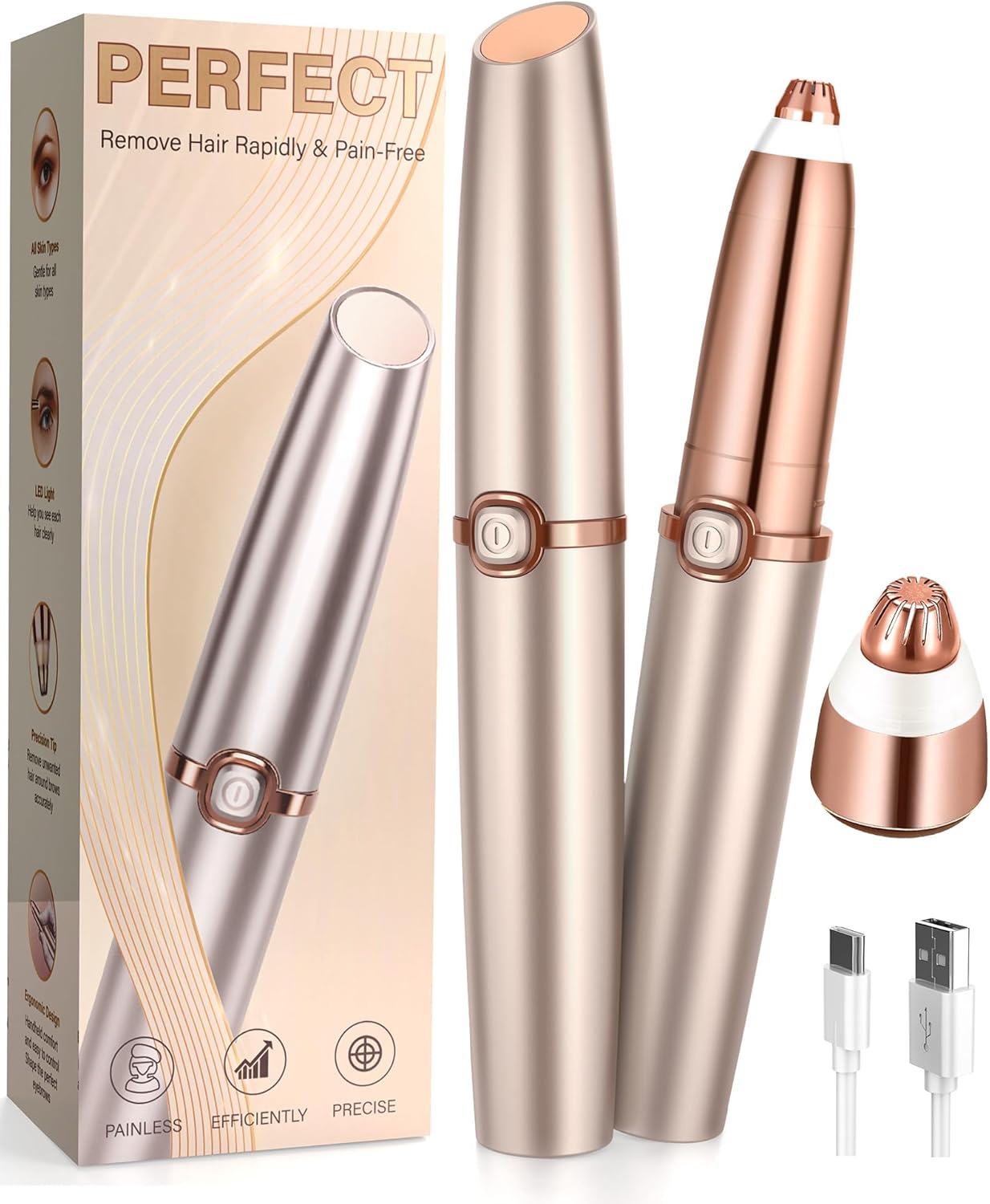 Eyebrow Trimmer for Women, Eyebrow Razor: Rechargeable Eyebrow Hair Remover with 2 Replacement Heads & LED Light, Electric Painless Eye Brow Shaver Facial Hair Removal Device for Eyebrows/Lips/Face